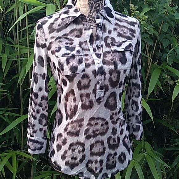 INC International Concepts sheer animal print button up blouse - Picture 4 of 14